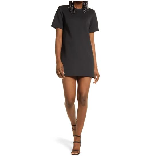 GOOD AMERICAN Strong Shoulder Scuba T-Shirt Mini Dress Black {3T18} - Picture 4 of 8